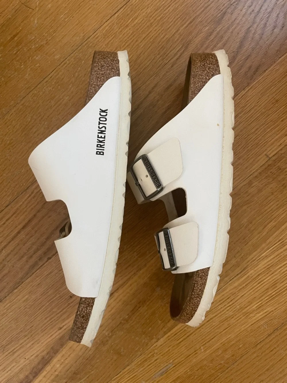 Birkenstock White Double-Strap Sandals with Silver Buckles 8 EUC - Picture 6 of 8